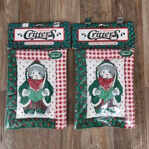 Christmas Critters VTG Set of 2 Scented‎ Potholder Cat Print Christmas Floral